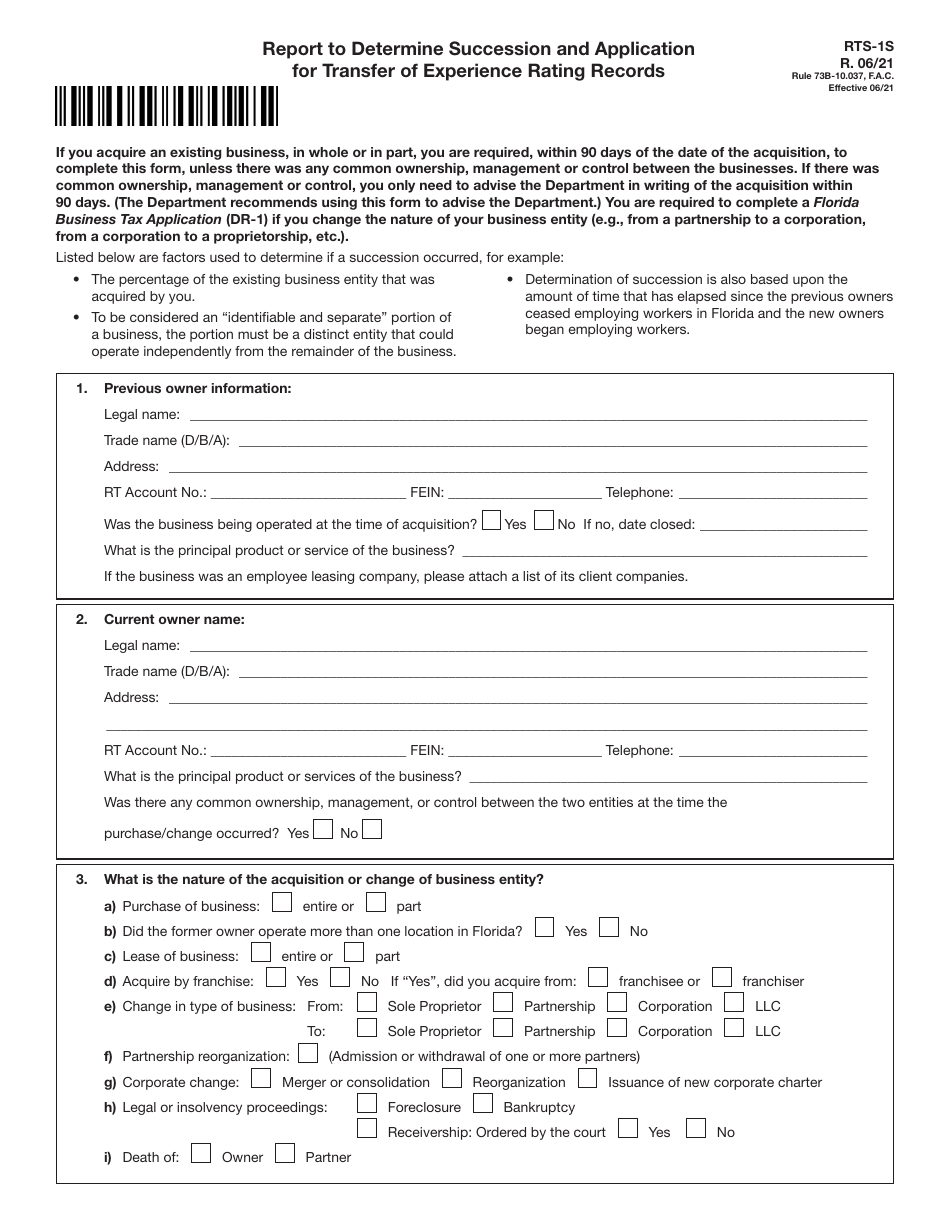 Form RTS-1S Report to Determine Succession and Application for Transfer of Experience Rating Records - Florida, Page 1