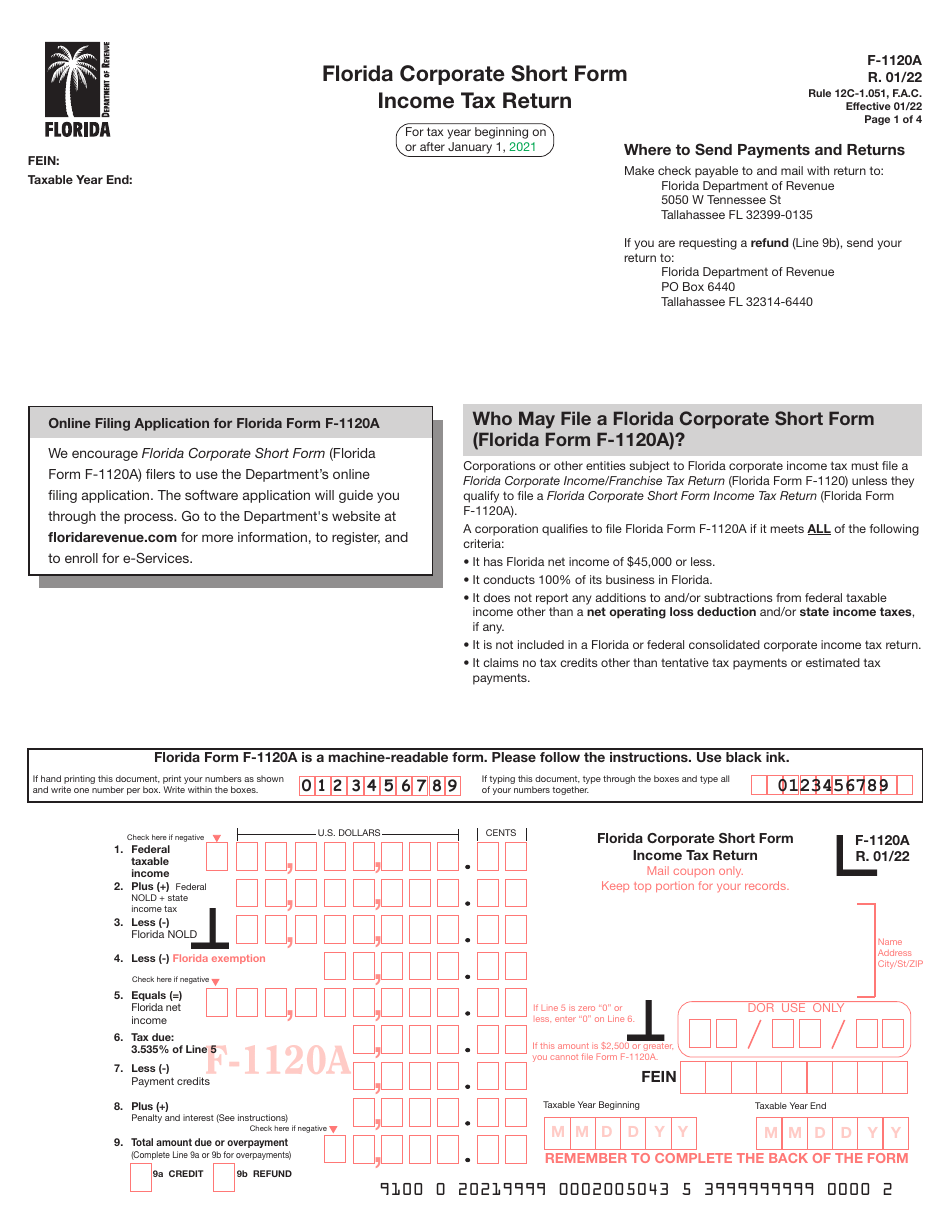 Form F-1120A Florida Corporate Short Form Income Tax Return - Florida, Page 1