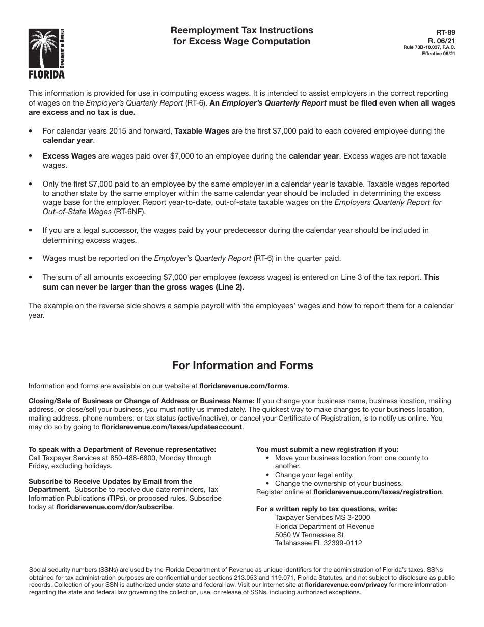 Form RT-89 Reemployment Tax Excess Audit Worksheet - Florida, Page 1