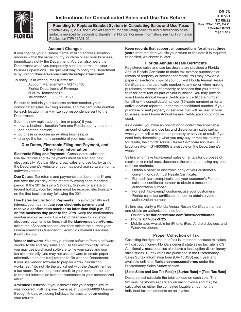 Download Instructions for Form DR7 Consolidated Sales and Use Tax