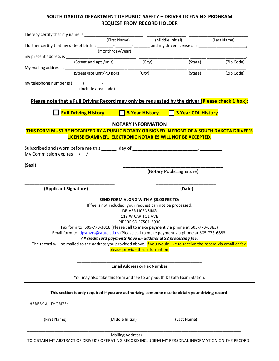 Request From Record Holder - Driver Licensing Program - South Dakota, Page 1