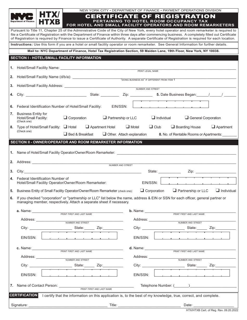 Form HTX / HTXB Certificate of Registration - Hotel Tax - New York City, Page 1