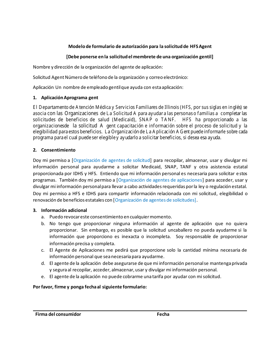 Modelo De Formulario De Autorizacion Para La Solicitud De Hfs Agent - Illinois (Spanish), Page 1