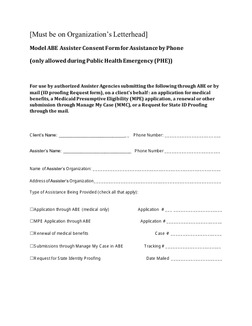 Model Abe Assister Consent Form for Assistance by Phone - Illinois Download Pdf