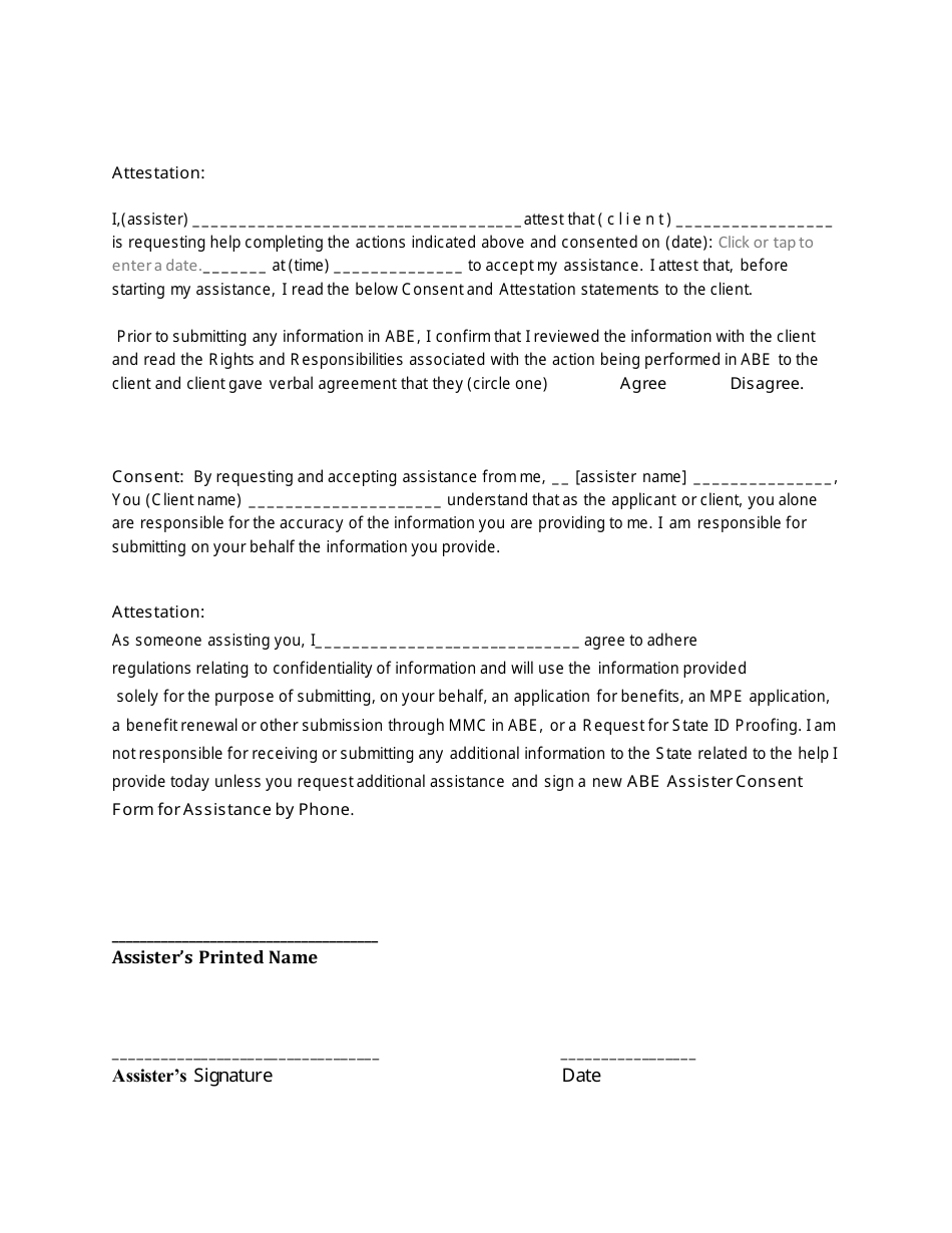 Model Abe Assister Consent Form for Assistance by Phone - Illinois, Page 2