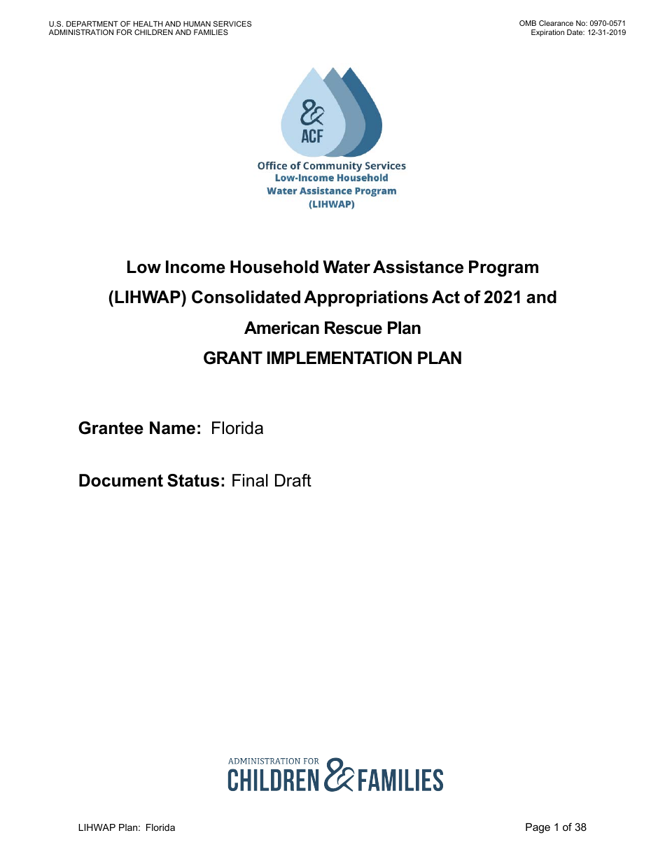 Grant Implementation Plan - Low Income Household Water Assistance Program (Lihwap) Consolidated Appropriations Act of 2021 and American Rescue Plan - Florida, Page 1