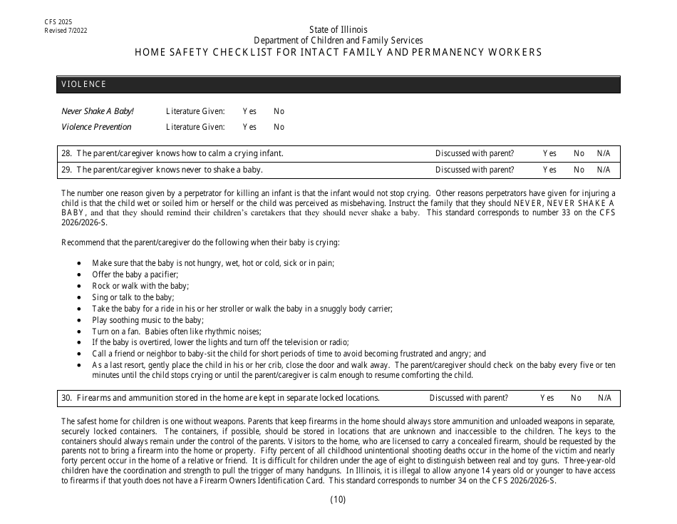 Form CFS2025 Home Safety Checklist for Intact Family and Permanency Workers - Illinois, Page 10
