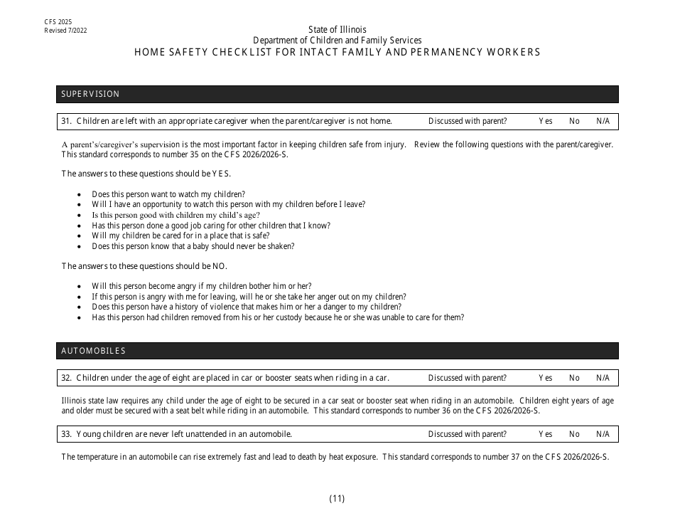 Form CFS2025 Home Safety Checklist for Intact Family and Permanency Workers - Illinois, Page 11
