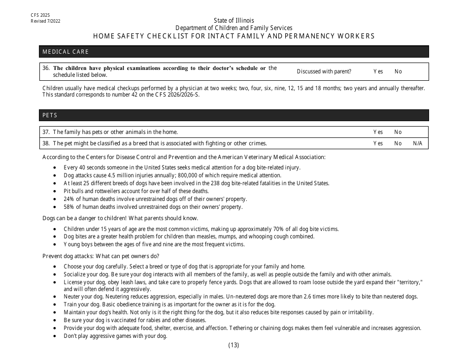 Form CFS2025 Home Safety Checklist for Intact Family and Permanency Workers - Illinois, Page 13