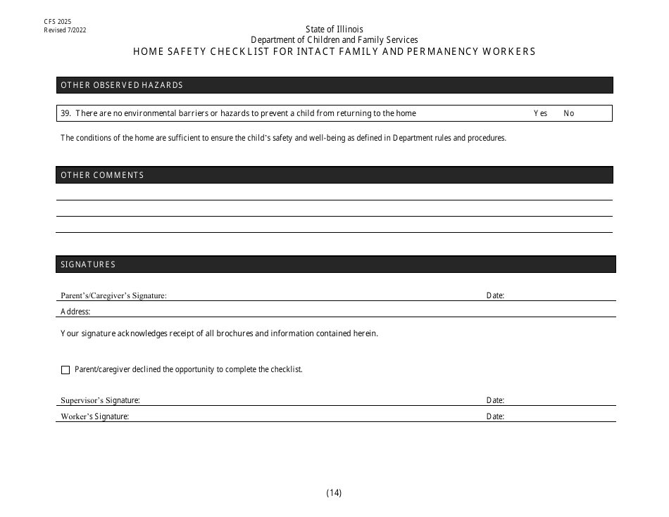 Form CFS2025 Home Safety Checklist for Intact Family and Permanency Workers - Illinois, Page 14