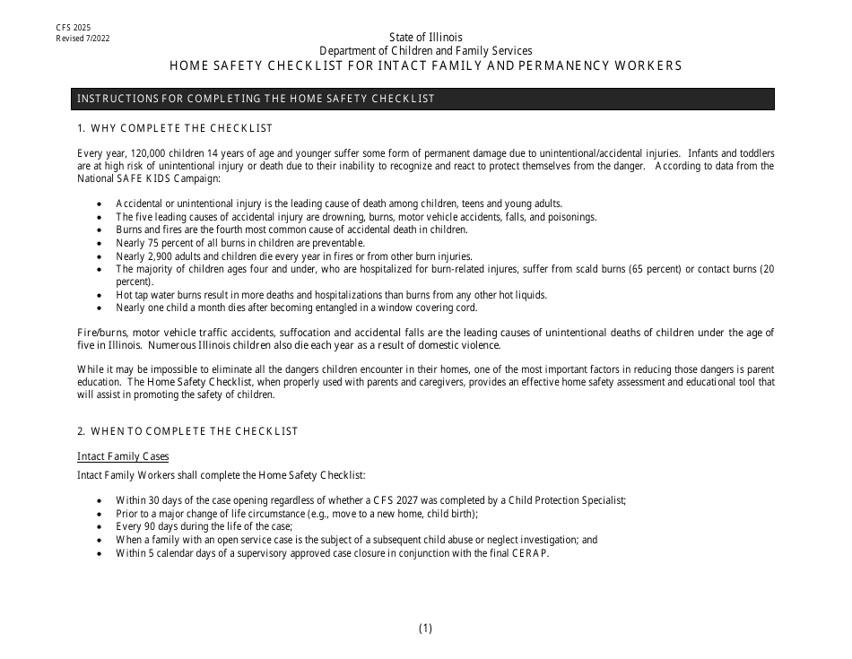 Form CFS2025 Home Safety Checklist for Intact Family and Permanency Workers - Illinois, Page 1