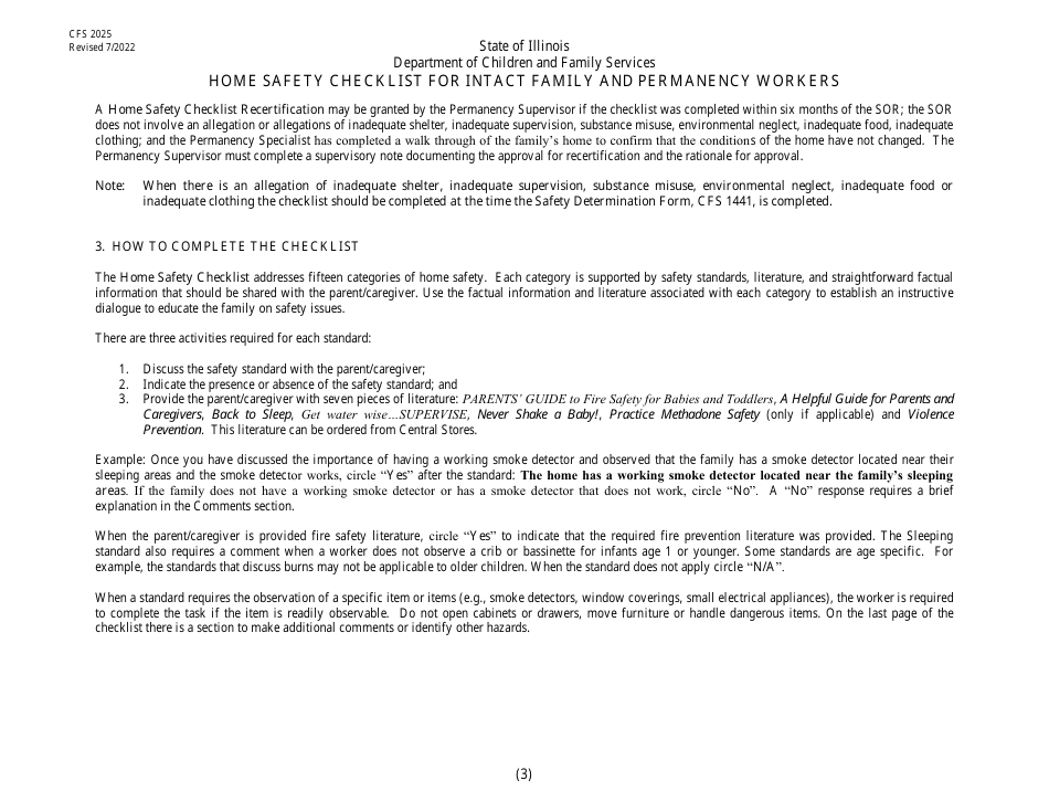 Form CFS2025 Home Safety Checklist for Intact Family and Permanency Workers - Illinois, Page 3