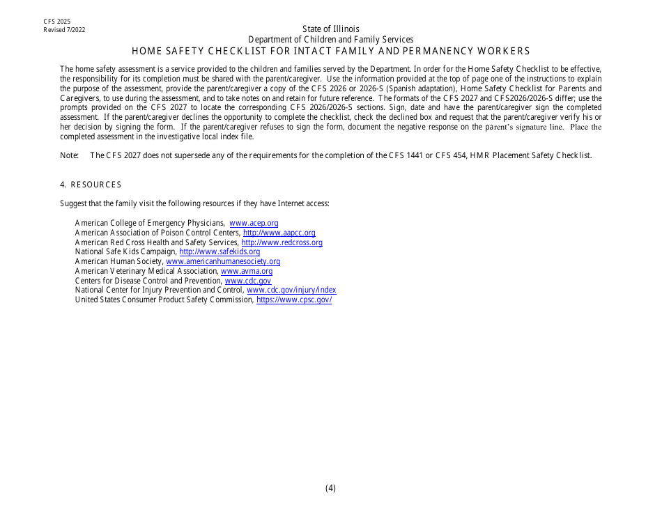 Form CFS2025 Home Safety Checklist for Intact Family and Permanency Workers - Illinois, Page 4