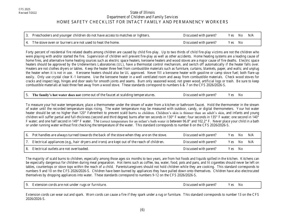 Form CFS2025 Home Safety Checklist for Intact Family and Permanency Workers - Illinois, Page 6