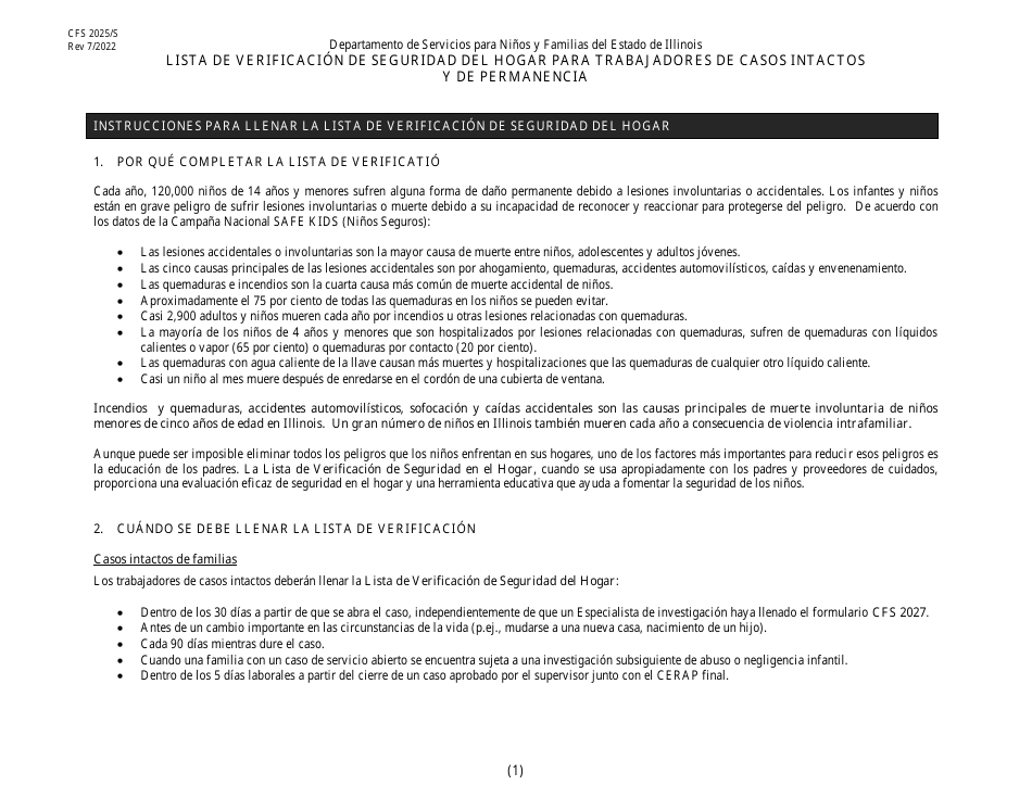Formulario CFS2025 / S Lista De Verificacion De Seguridad Del Hogar Para Trabajadores De Casos Intactos Y De Permanencia - Illinois (Spanish), Page 1