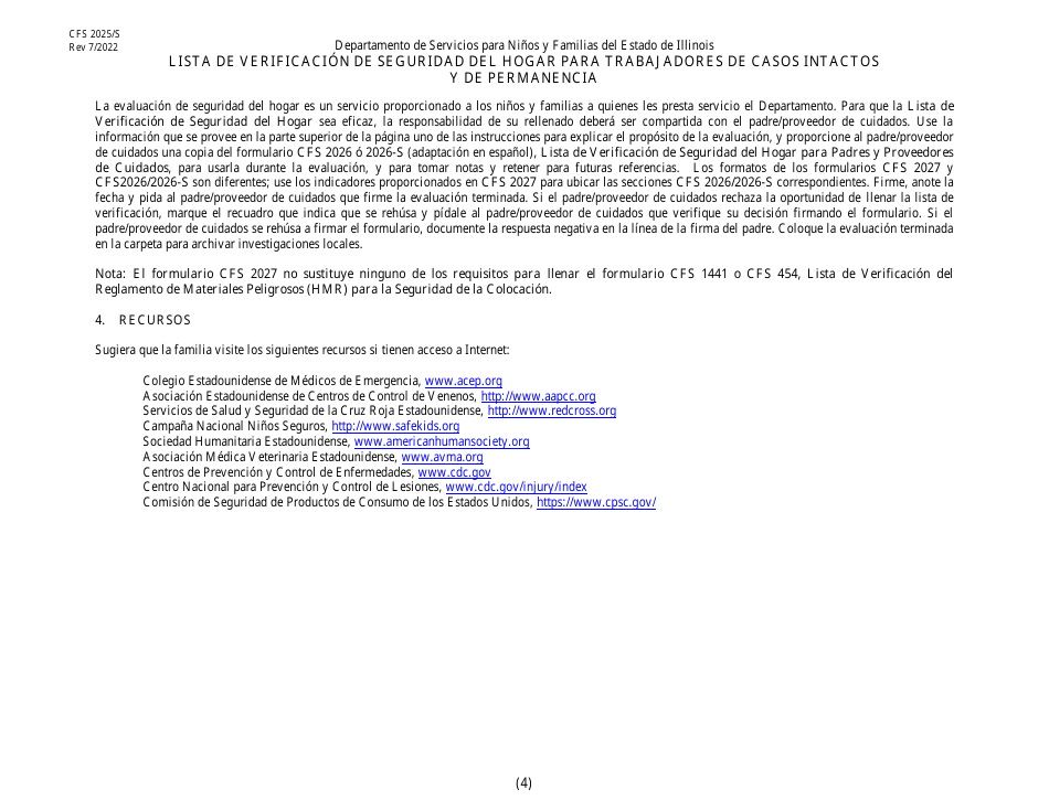 Formulario CFS2025 / S Lista De Verificacion De Seguridad Del Hogar Para Trabajadores De Casos Intactos Y De Permanencia - Illinois (Spanish), Page 4