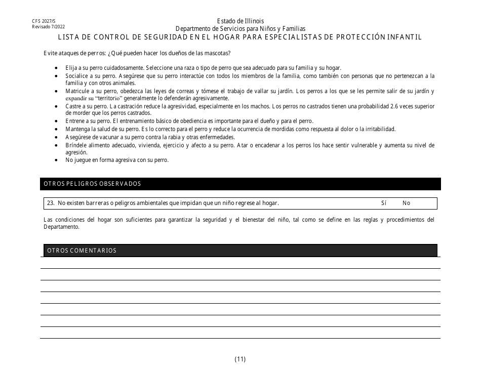 Formulario CFS2027 / S Lista De Control De Seguridad En El Hogar Para Especialistas De Proteccion Infantil - Illinois (Spanish), Page 11