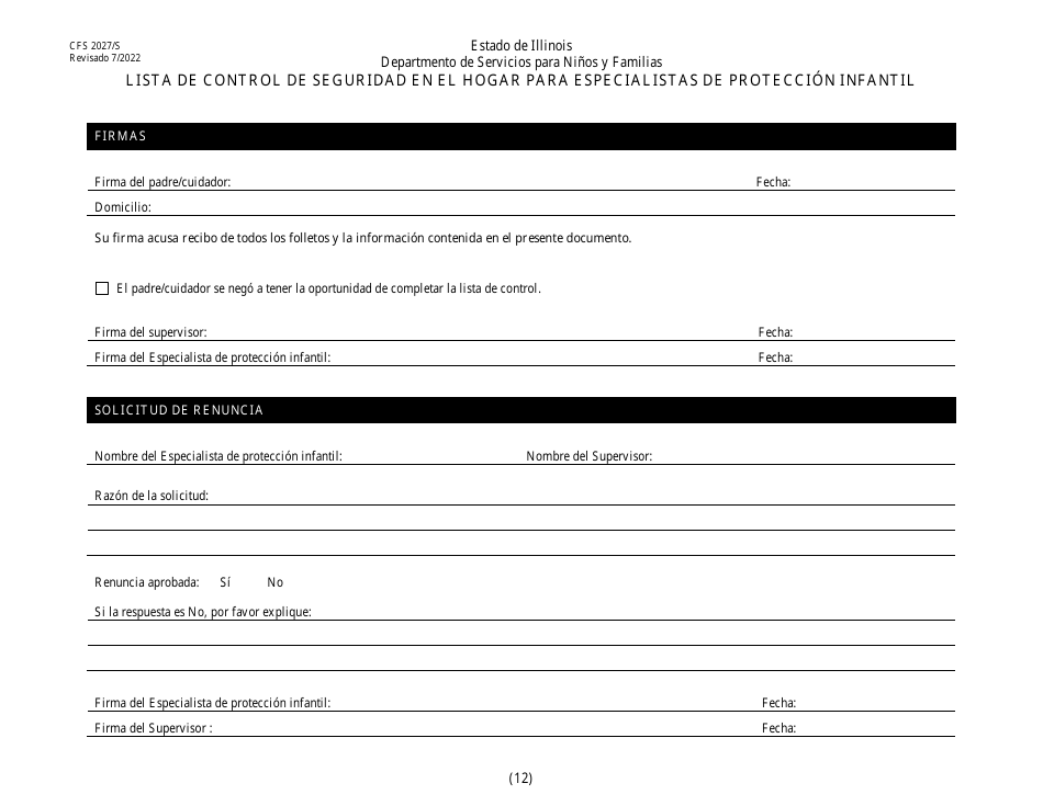 Formulario CFS2027 / S Lista De Control De Seguridad En El Hogar Para Especialistas De Proteccion Infantil - Illinois (Spanish), Page 12
