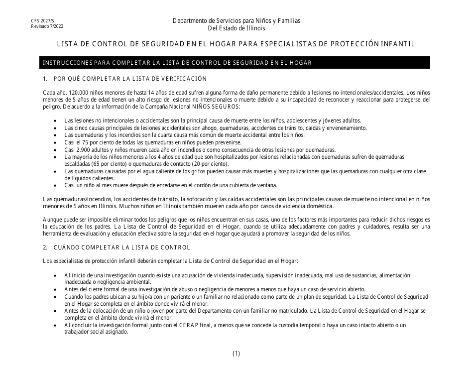 Formulario CFS2027 / S Lista De Control De Seguridad En El Hogar Para Especialistas De Proteccion Infantil - Illinois (Spanish), Page 1