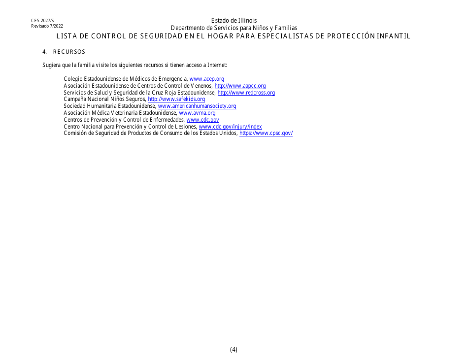 Formulario CFS2027 / S Lista De Control De Seguridad En El Hogar Para Especialistas De Proteccion Infantil - Illinois (Spanish), Page 4