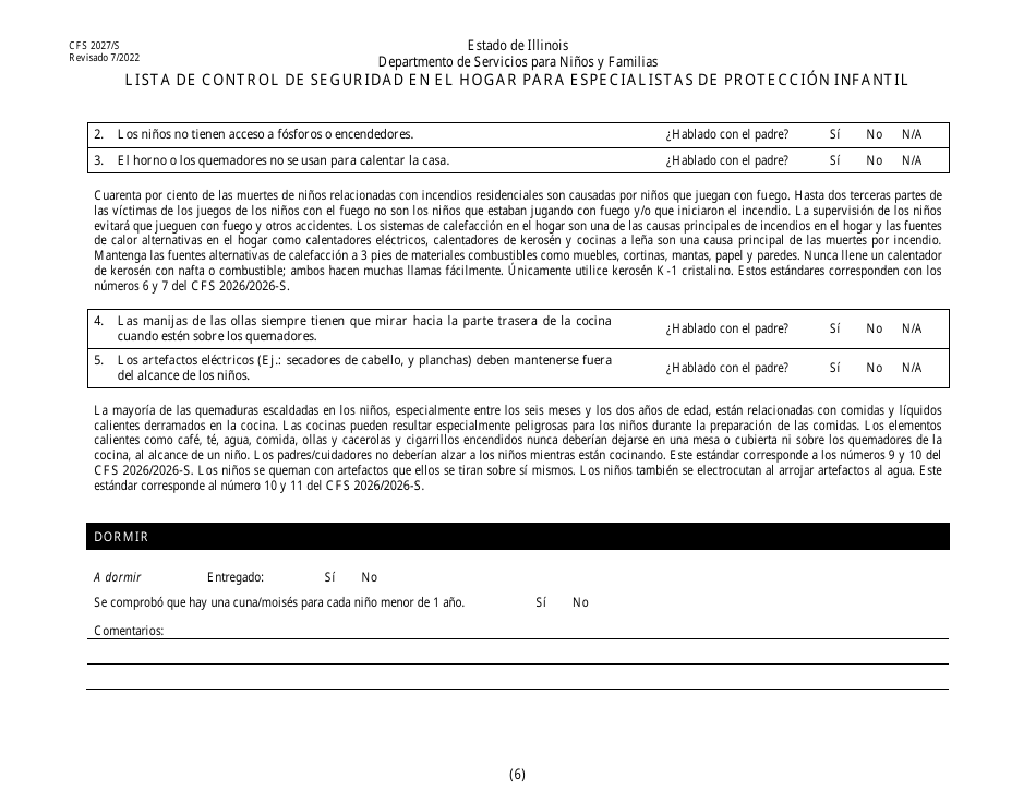Formulario CFS2027 / S Lista De Control De Seguridad En El Hogar Para Especialistas De Proteccion Infantil - Illinois (Spanish), Page 6