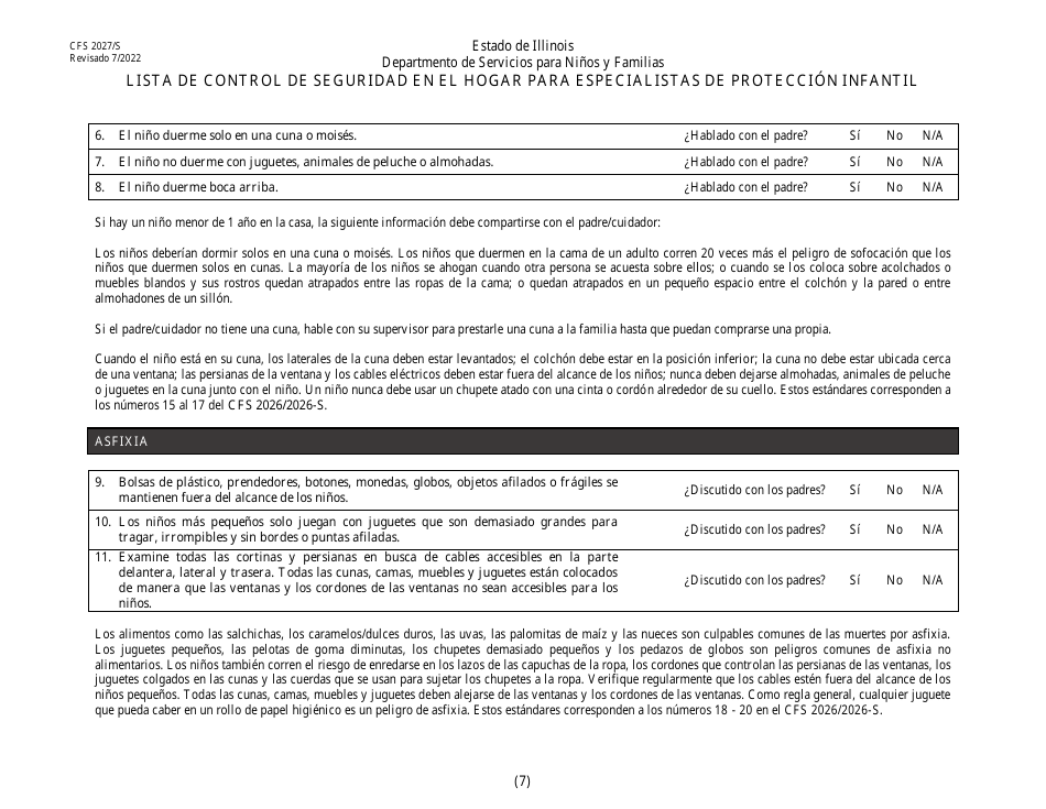 Formulario CFS2027 / S Lista De Control De Seguridad En El Hogar Para Especialistas De Proteccion Infantil - Illinois (Spanish), Page 7