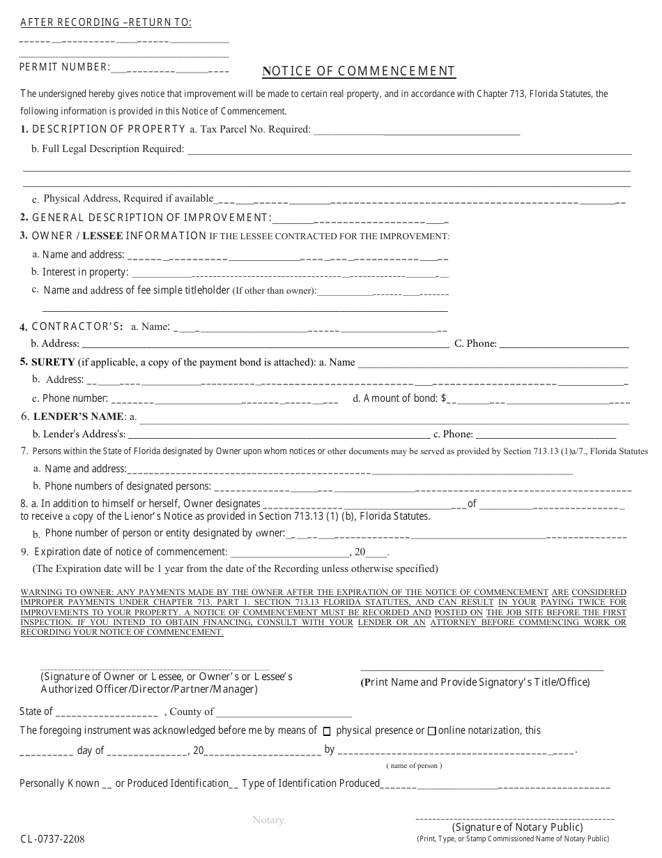 Form CL-0737 Notice of Commencement - Volusia County, Florida, Page 1