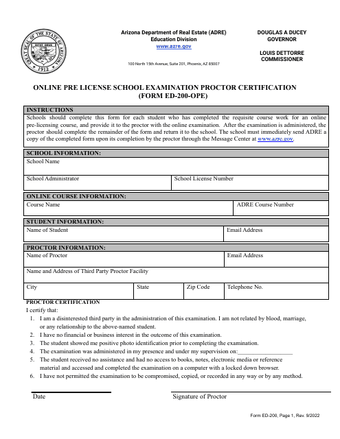 Form ED-200-OPE Online Pre License School Examination Proctor Certification - Arizona