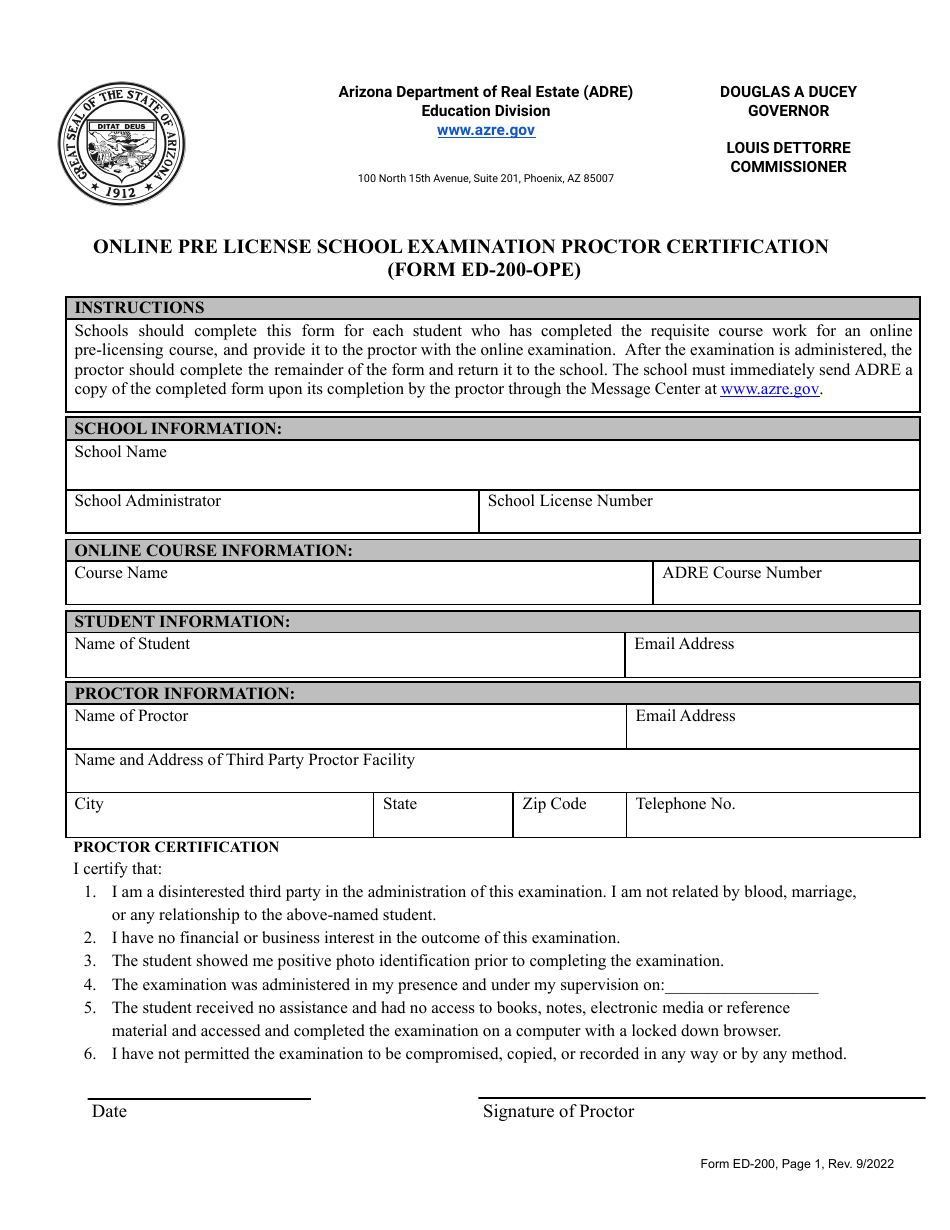 Form ED-200-OPE Online Pre License School Examination Proctor Certification - Arizona, Page 1
