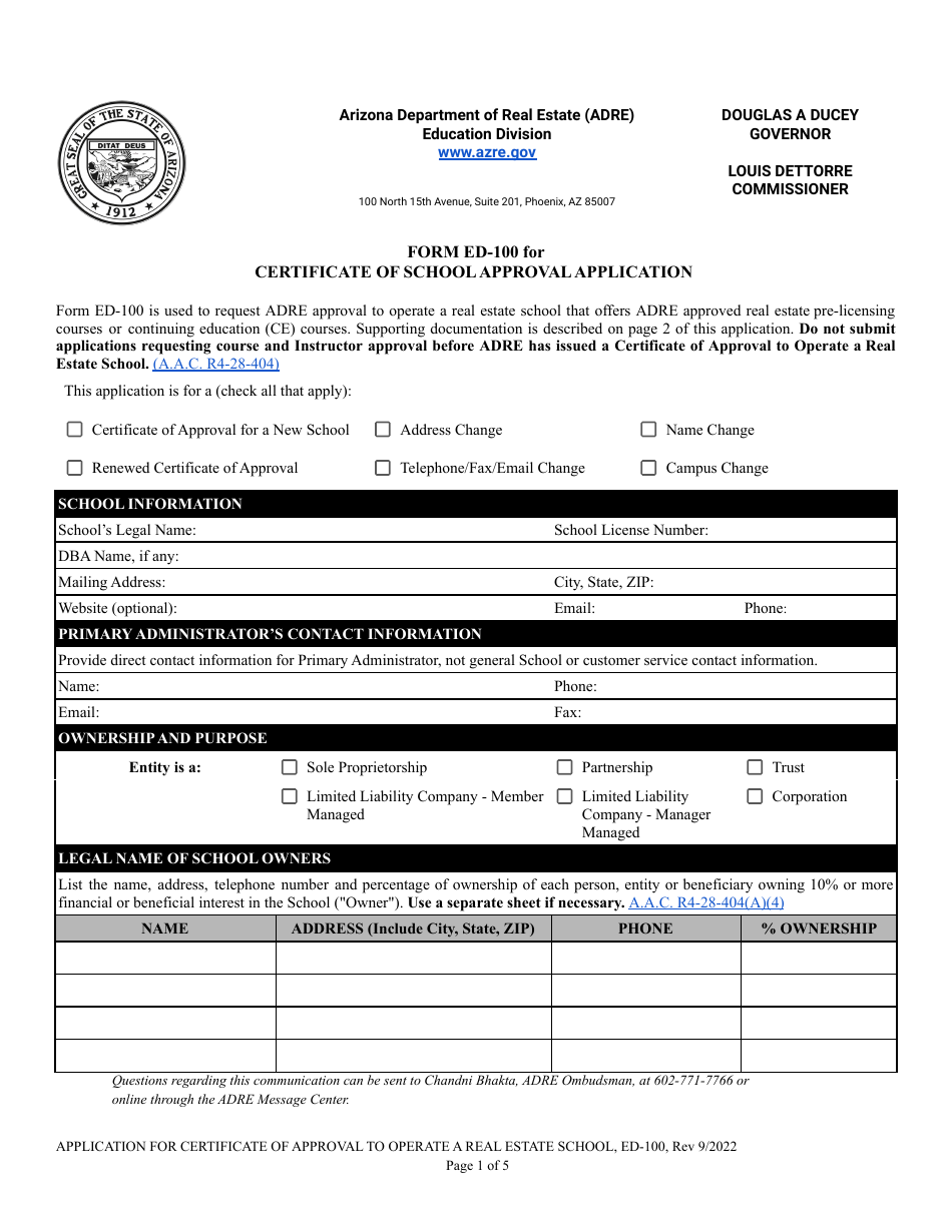 Form ED-100 Certificate of School Approval Application - Arizona, Page 1