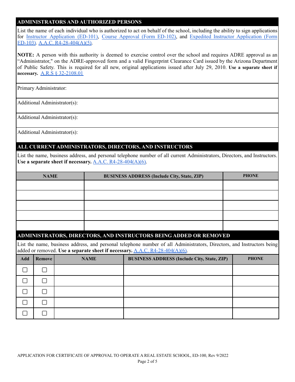 Form ED-100 Certificate of School Approval Application - Arizona, Page 2
