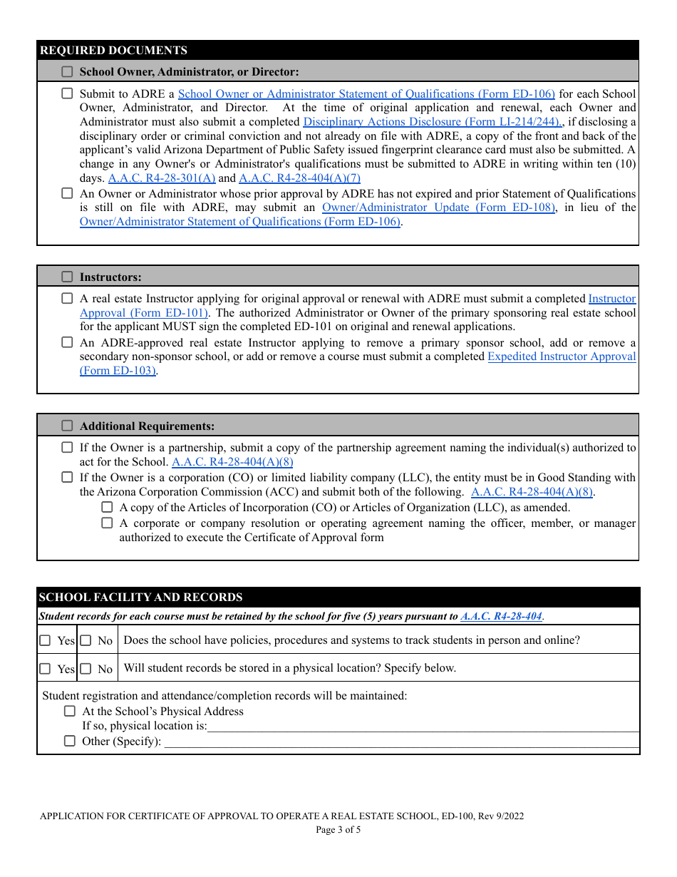 Form ED-100 Certificate of School Approval Application - Arizona, Page 3