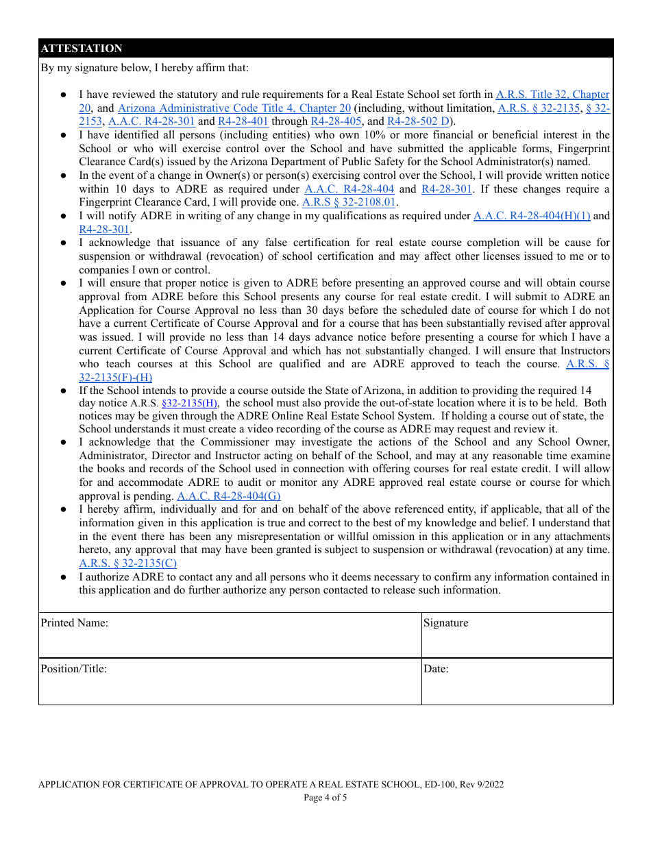 Form ED-100 Certificate of School Approval Application - Arizona, Page 4