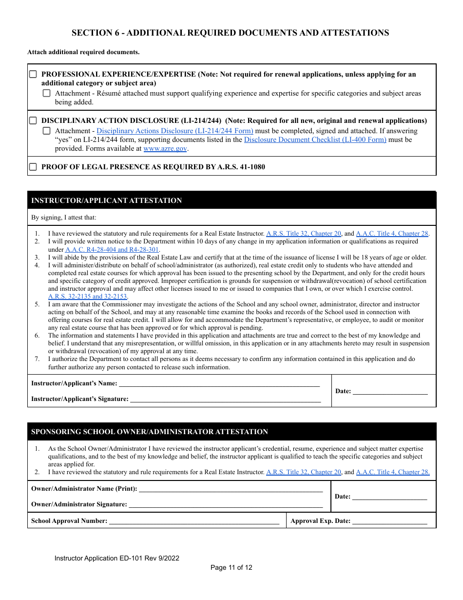 Form ED-101 Certificate for Instructor Approval Application for Original Approval, Renewal, or Changes to Approved Categories - Arizona, Page 11