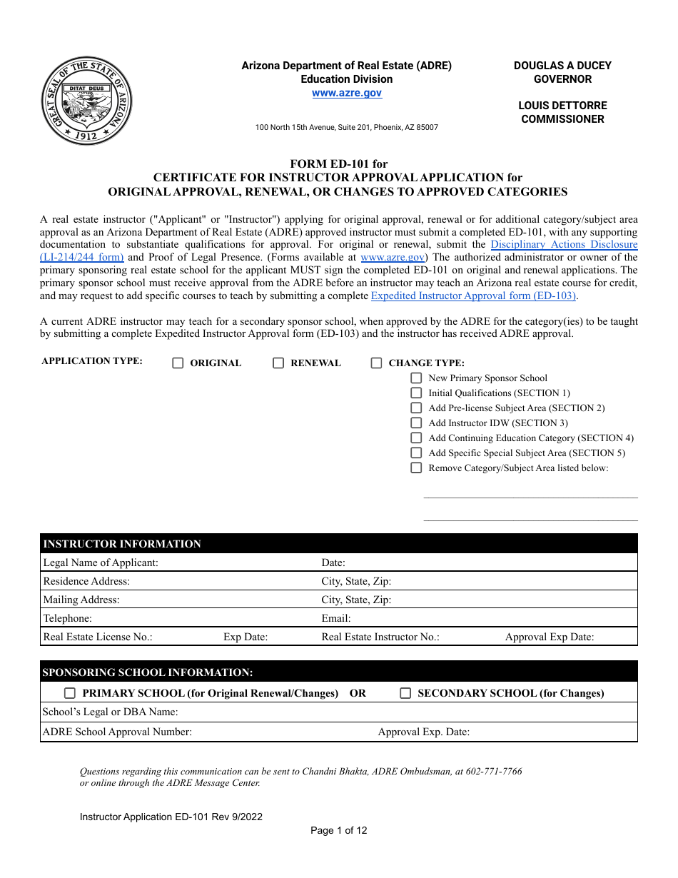 Form ED-101 Certificate for Instructor Approval Application for Original Approval, Renewal, or Changes to Approved Categories - Arizona, Page 1