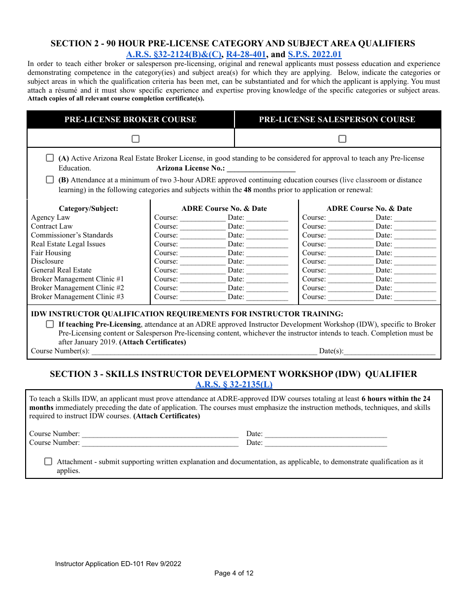 Form ED-101 Certificate for Instructor Approval Application for Original Approval, Renewal, or Changes to Approved Categories - Arizona, Page 4