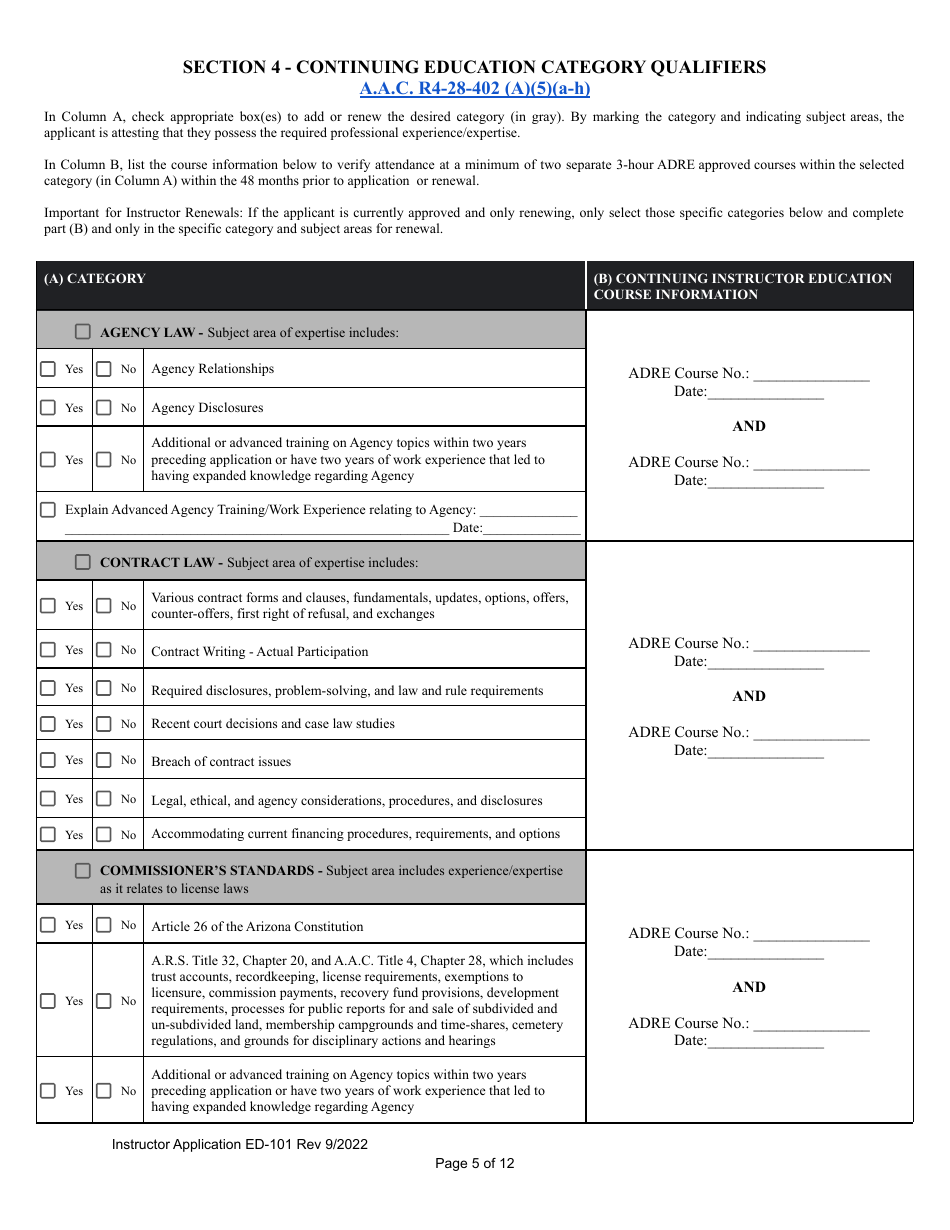 Form ED-101 Certificate for Instructor Approval Application for Original Approval, Renewal, or Changes to Approved Categories - Arizona, Page 5