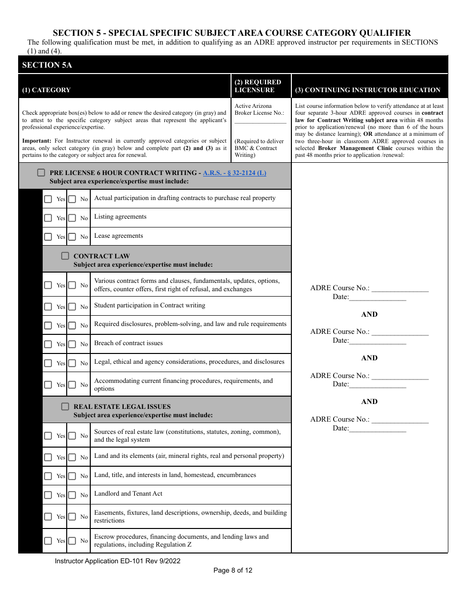Form ED-101 Certificate for Instructor Approval Application for Original Approval, Renewal, or Changes to Approved Categories - Arizona, Page 8