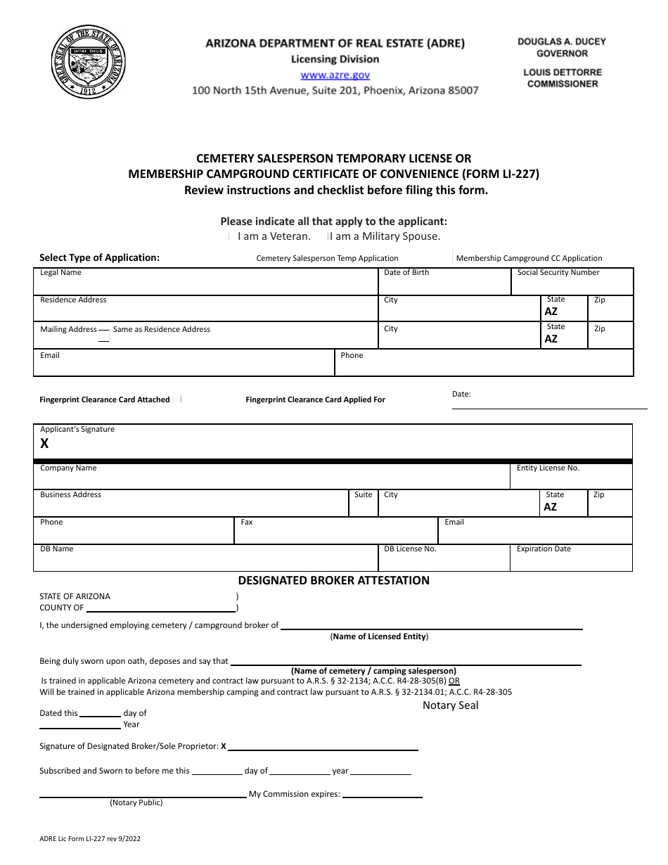 Form LI-227 Cemetery Salesperson Temporary License or Membership Campground Certificate of Convenience - Arizona, Page 2