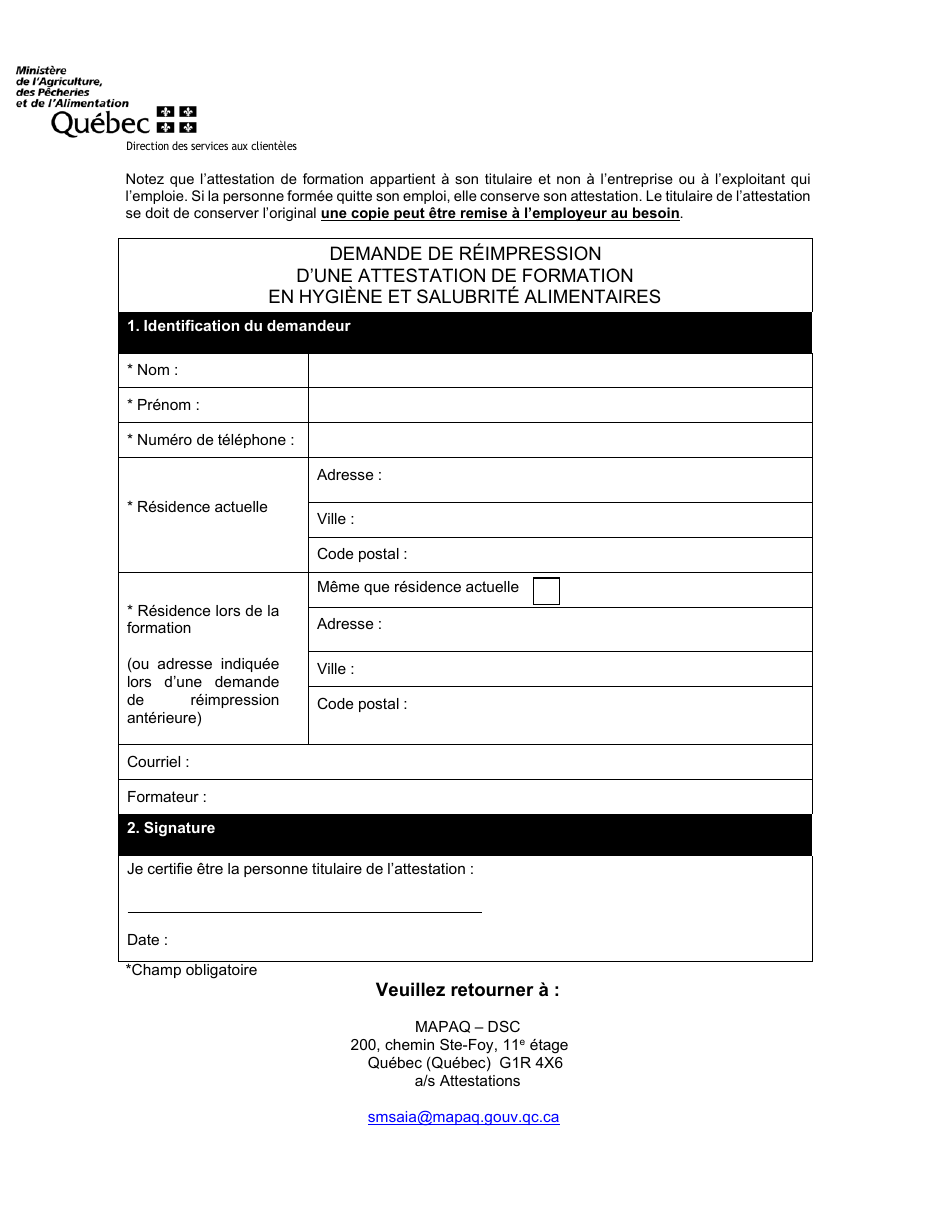 Demande De Reimpression Dune Attestation De Formation En Hygiene Et Salubrite Alimentaires - Quebec, Canada (French), Page 1