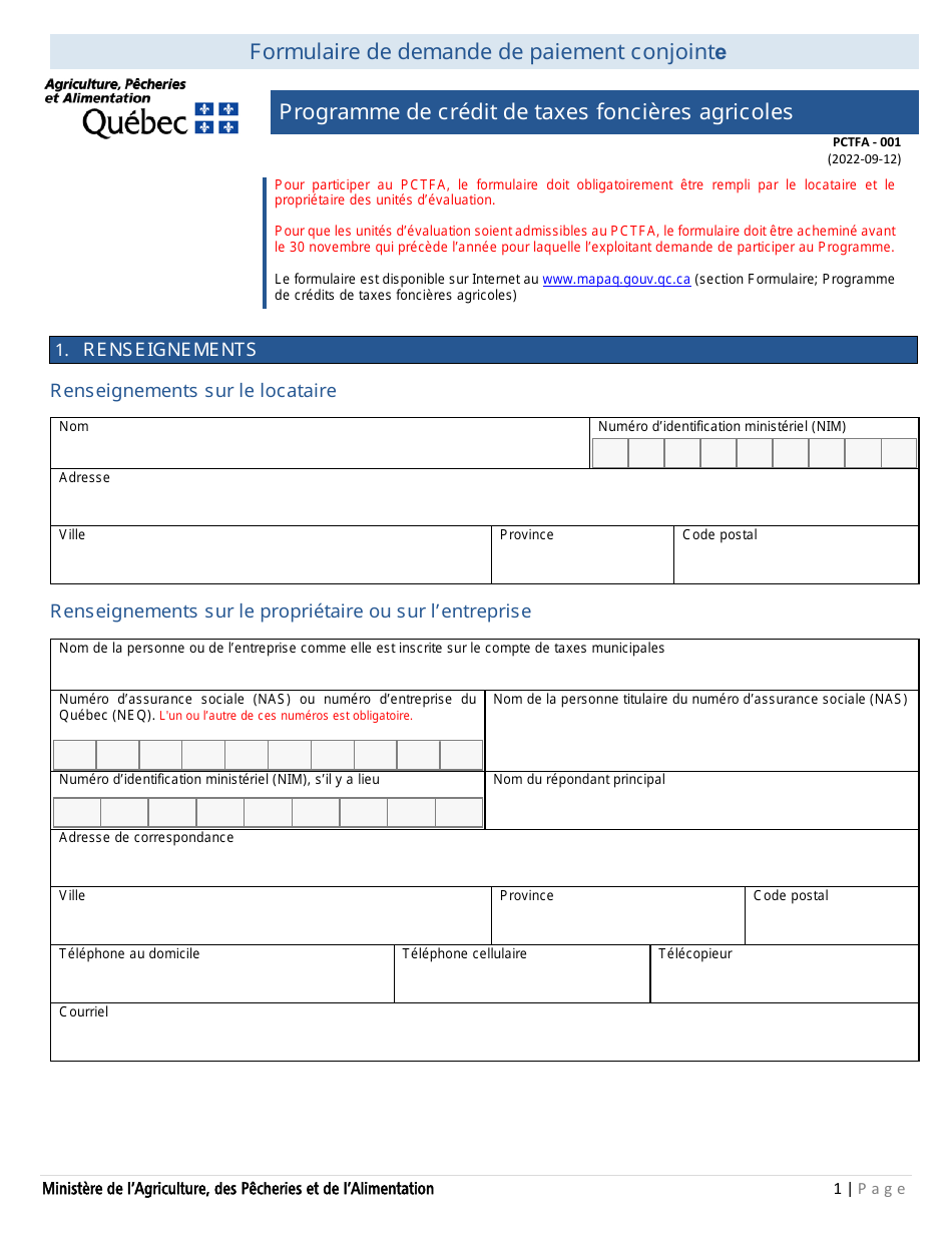 Forme PCTFA-001 Formulaire De Demande De Paiement Conjointe - Programme De Credit De Taxes Foncieres Agricoles - Quebec, Canada (French), Page 1