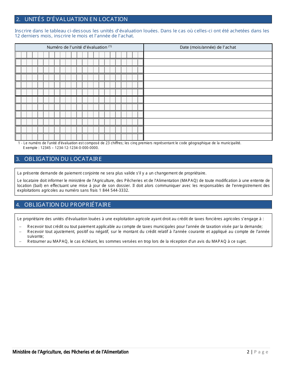 Forme PCTFA-001 Formulaire De Demande De Paiement Conjointe - Programme De Credit De Taxes Foncieres Agricoles - Quebec, Canada (French), Page 2