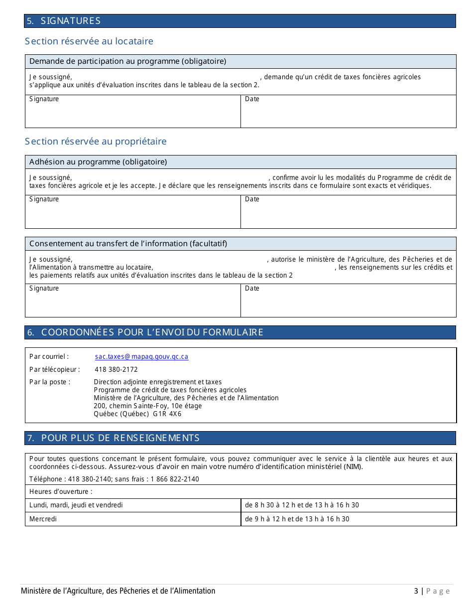 Forme PCTFA-001 Formulaire De Demande De Paiement Conjointe - Programme De Credit De Taxes Foncieres Agricoles - Quebec, Canada (French), Page 3