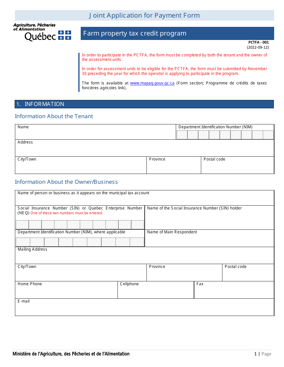 Form PCTFA-001 Joint Application for Payment Form - Farm Property Tax Credit Program - Quebec, Canada, Page 1