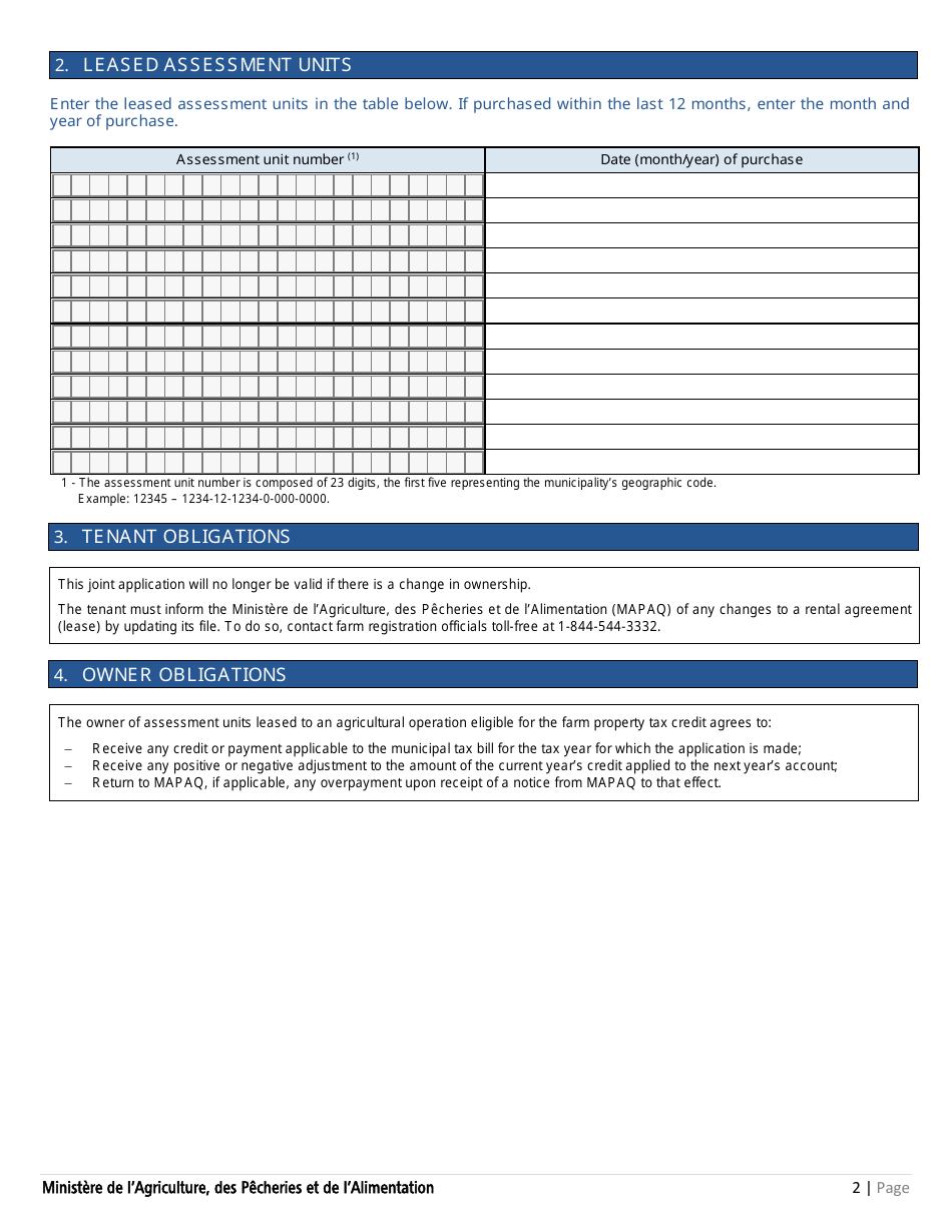 Form PCTFA-001 Joint Application for Payment Form - Farm Property Tax Credit Program - Quebec, Canada, Page 2