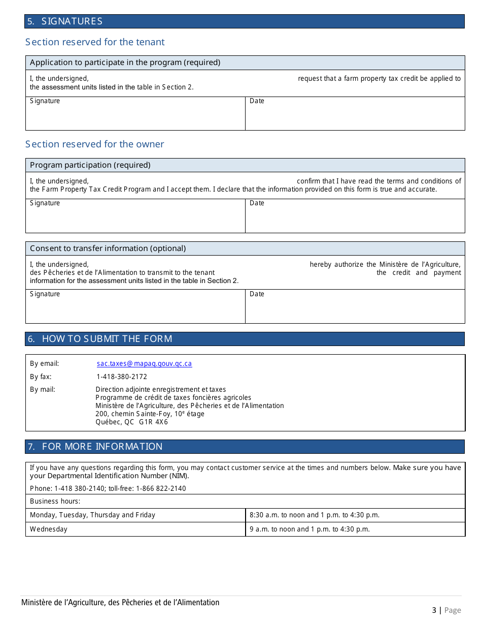 Form PCTFA-001 Joint Application for Payment Form - Farm Property Tax Credit Program - Quebec, Canada, Page 3