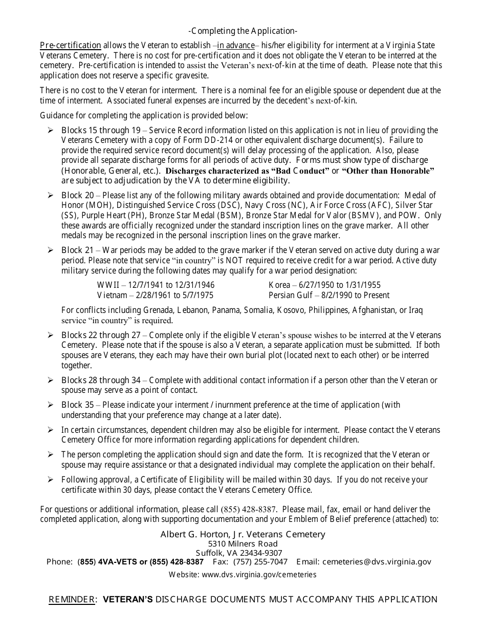 Eligibility Application - Albert G. Horton, Jr Memorial Veterans Cemetery - Virginia, Page 2