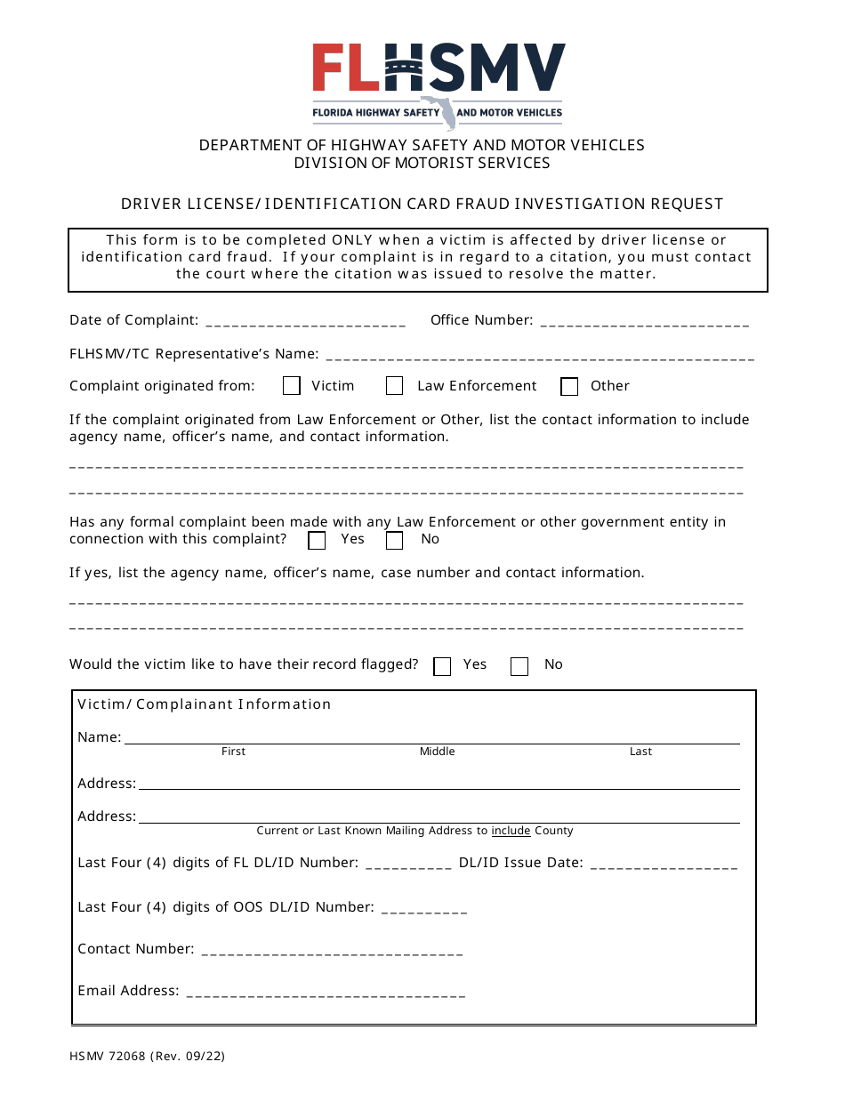 Form Hsmv72068 Download Fillable Pdf Or Fill Online Driver Licenseidentification Card Fraud 6105