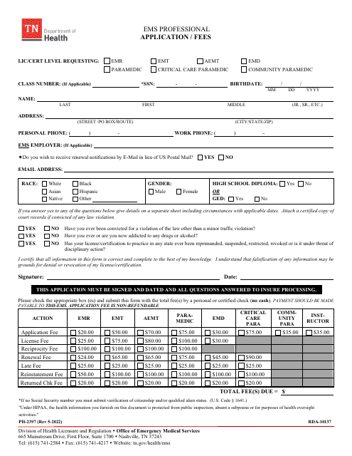 Form PH-2397 EMS Professional Application/Fees - Tennessee