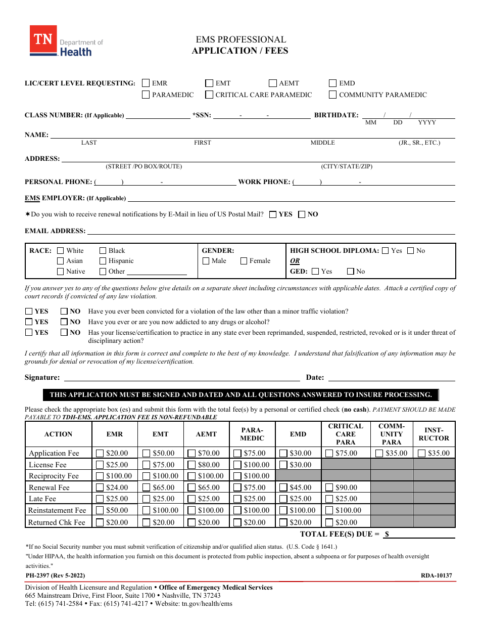 Form PH-2397 EMS Professional Application / Fees - Tennessee, Page 1